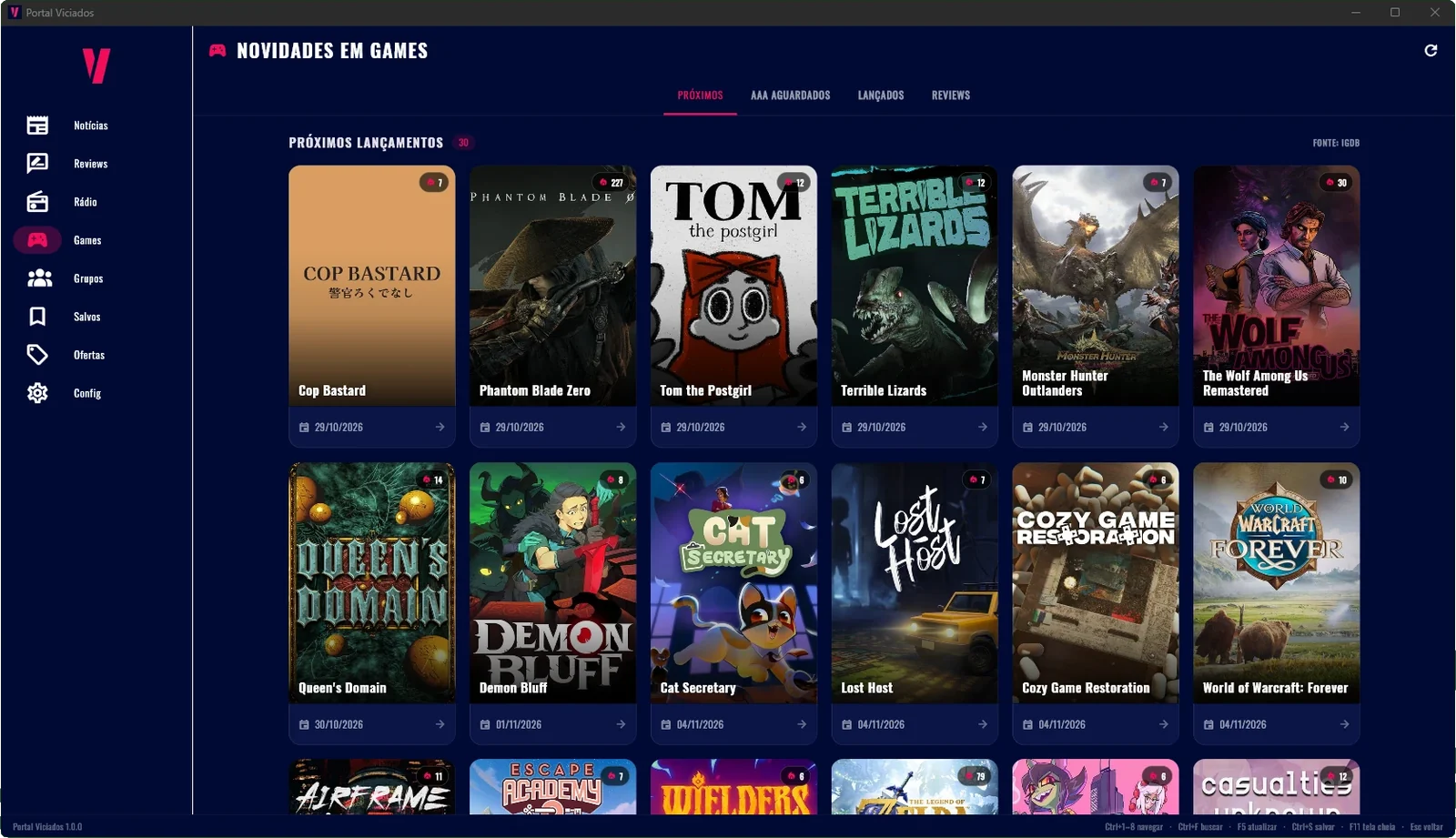 Tela de Novidades em Games do app Portal Viciados, aba Próximos, com capas de jogos e datas de lançamento