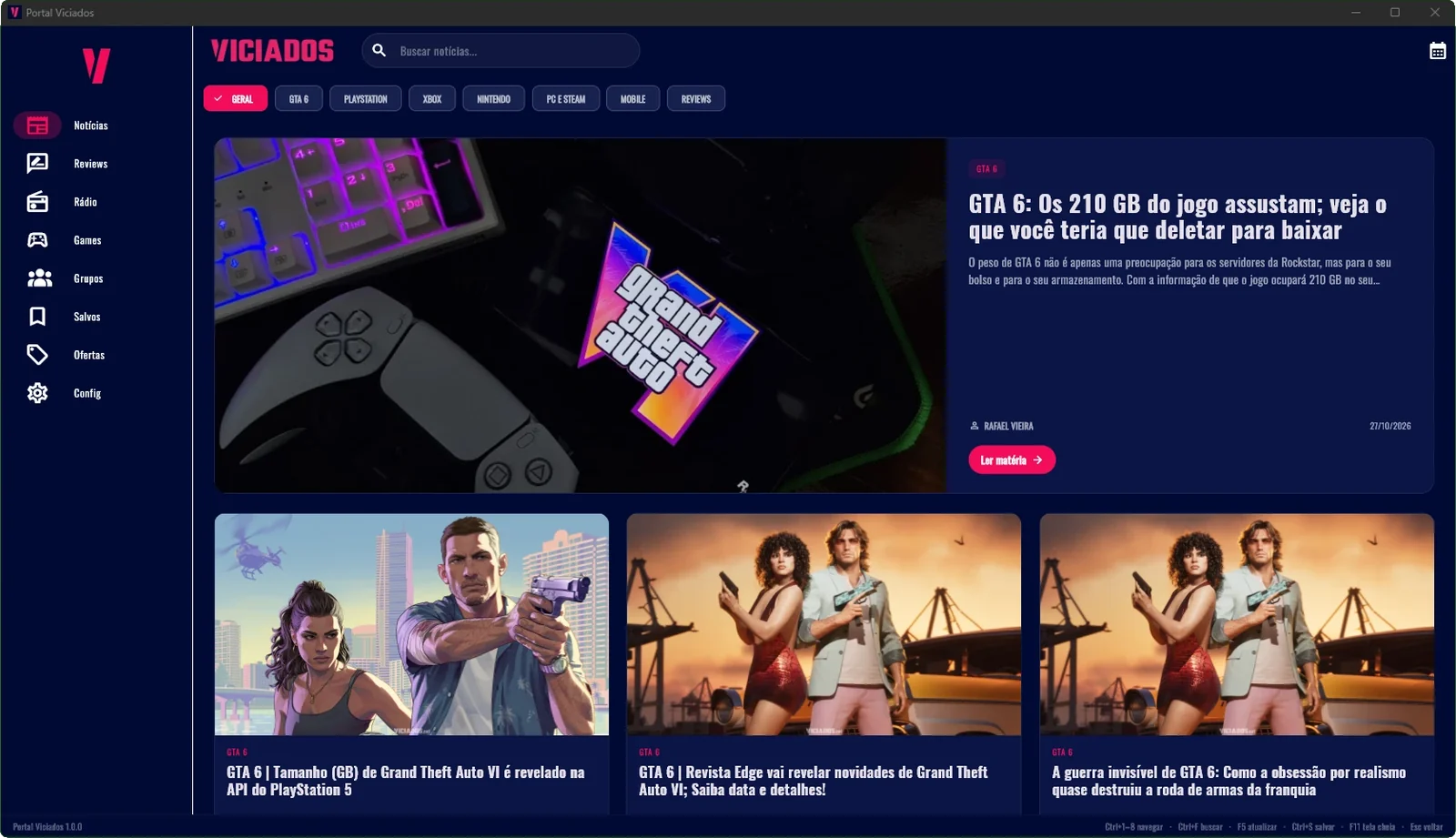 Tela de Notícias do app Portal Viciados para Windows, com uma matéria em destaque sobre GTA 6 e filtros por categoria