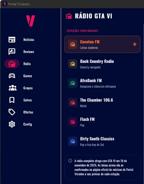 Lista de estações da Rádio GTA VI no app Portal Viciados, com a Cocoteo FM selecionada
