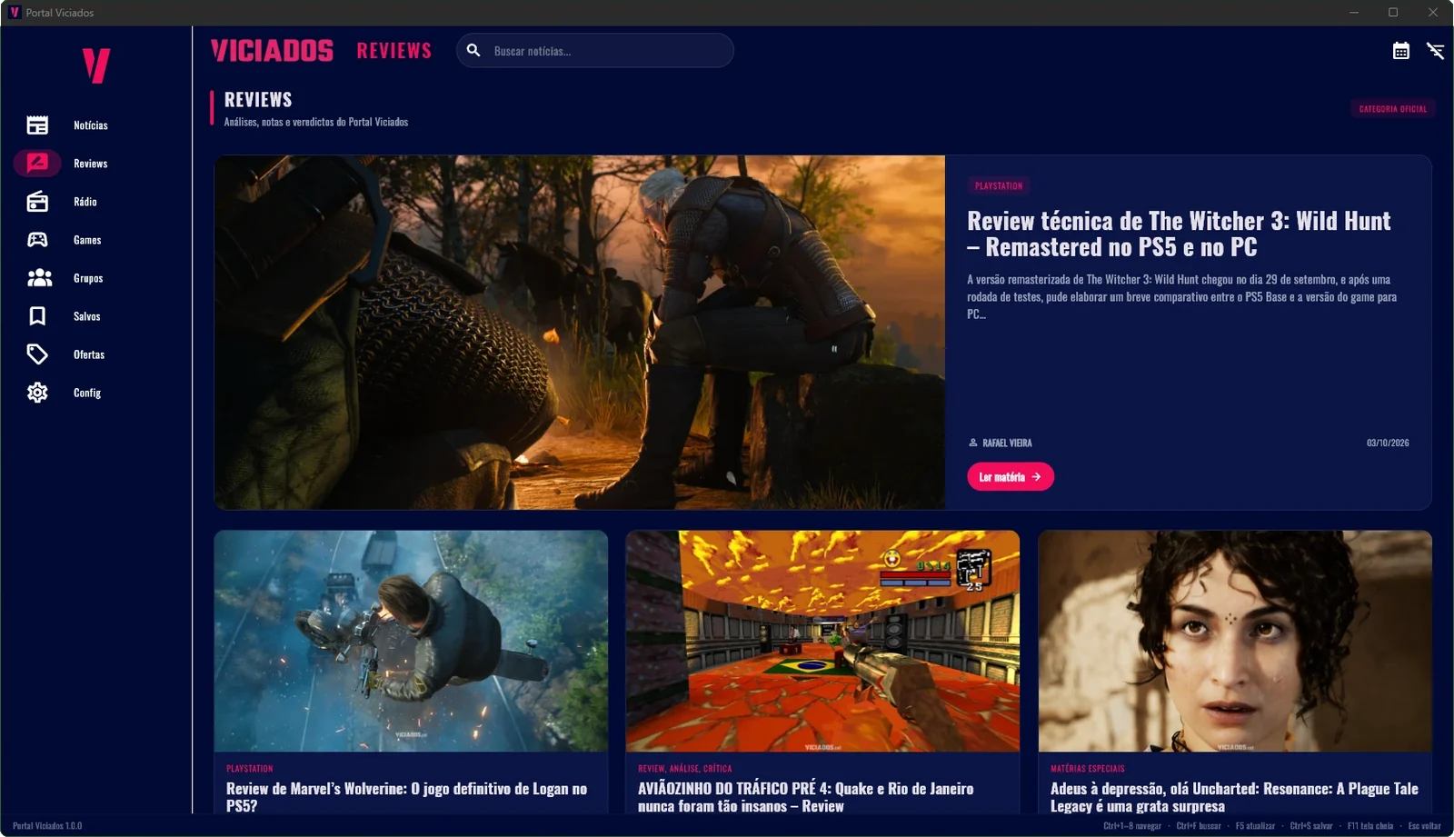 Tela de Reviews do app Portal Viciados, com a review técnica de The Witcher 3 em destaque