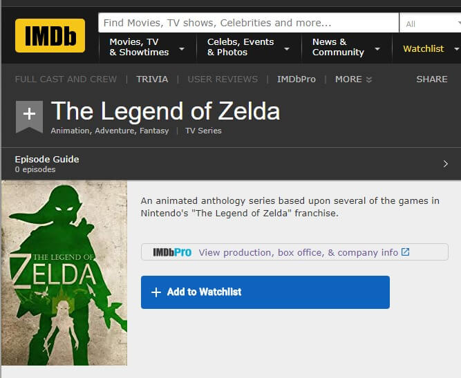 A página IMDb de uma suposta série Legend of Zelda continua sendo a maior prova de que ela está em desenvolvimento.