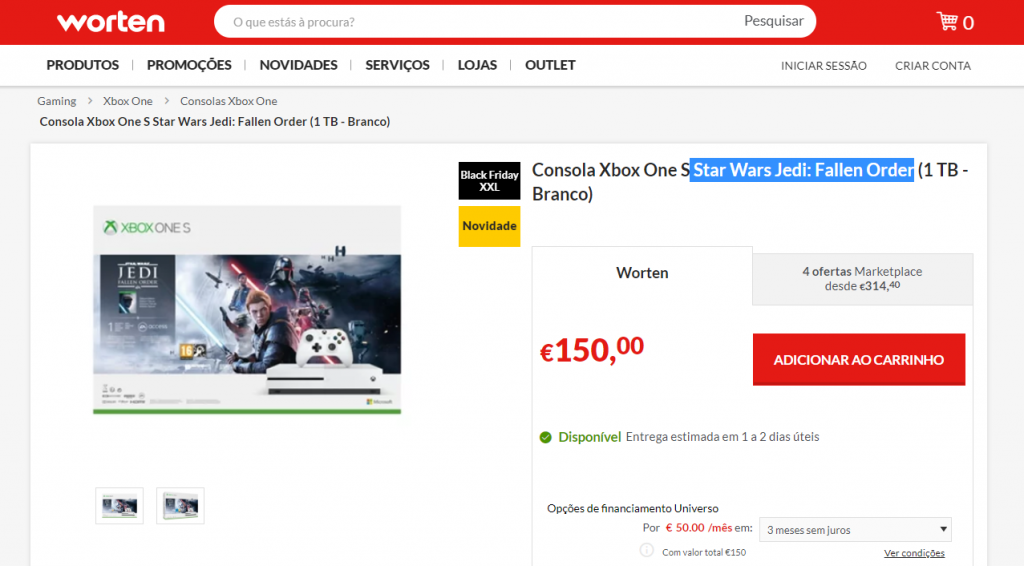 A loja ainda permite que você parcele em 3* sem juros uma Xbox One pagando apenas 50€, cerca de 235 reais por mês.