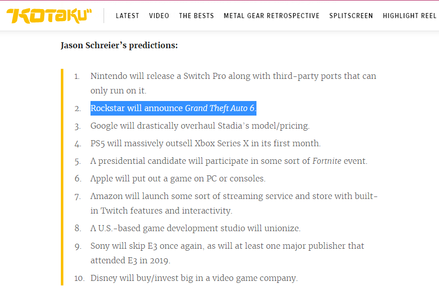 Jason Schreier previu no início do ano que GTA 6 seria revelado durante o ano  de 2020.
