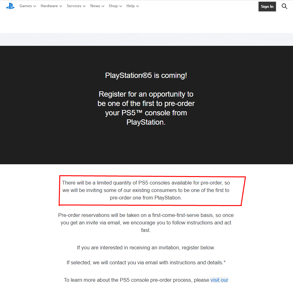Em seu site oficial, a Sony confirma que PlayStation 5 vai vir com problemas de stock.