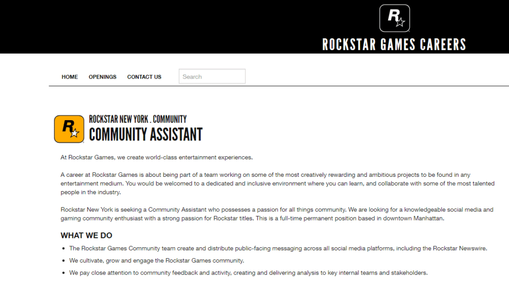Página de vagas de emprego da Rockstar Games.