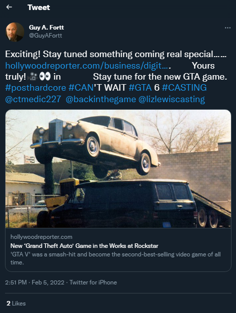 Suposto tweet de Guy A. Fort confirmando a participação em GTA 6.