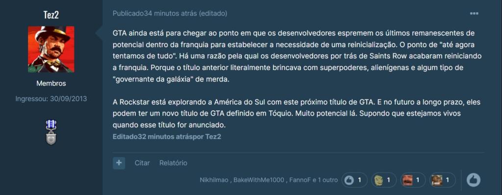 Comentário de Tez2 sobre GTA 6 no GTAForums (Traduzido via Google)