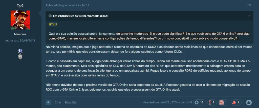 Comentário de Tez2 sobre GTA 6 no GTAForums. (Traduzido via Google)