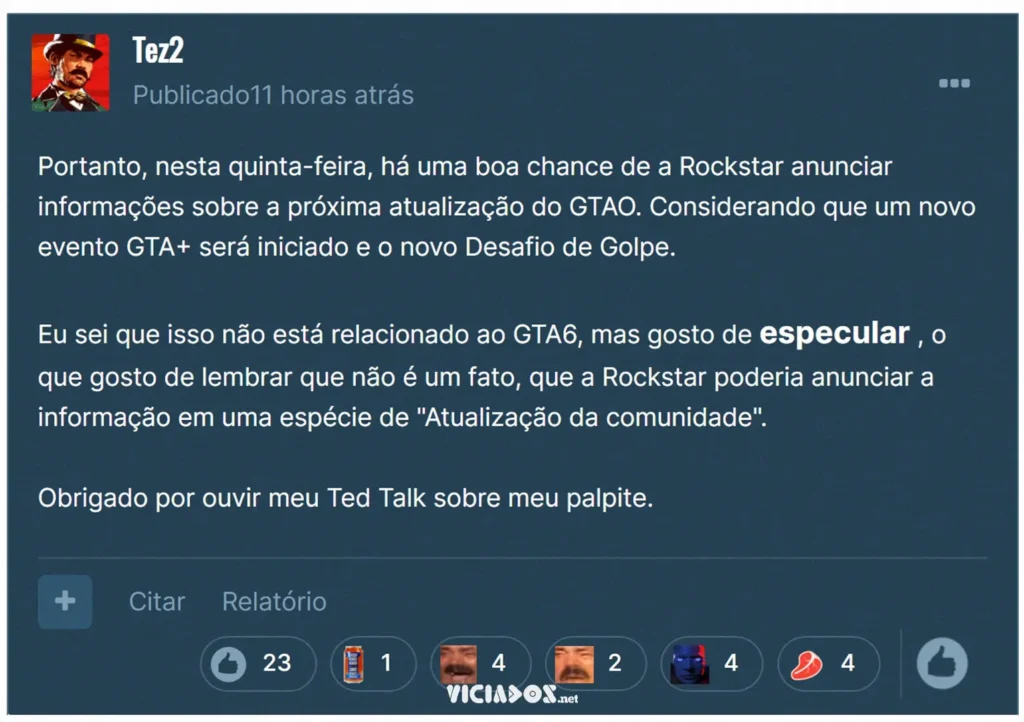 Comentário de Tez2 sobre a sua especulação sobre a data de anúncio de GTA VI. (Traduzido)-