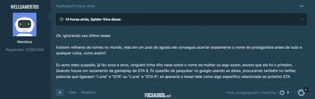 Usuário WELLGAMER789 do GTAForums comprova que o Tweet de SanInPlay foi o primeiro a citar Lúcia no GTA 6.