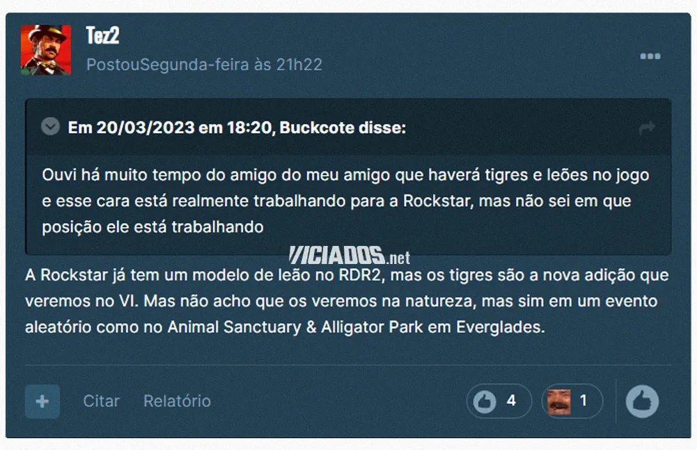 Comentário de Tez2 sobre os animais selvagens em GTA 6.
