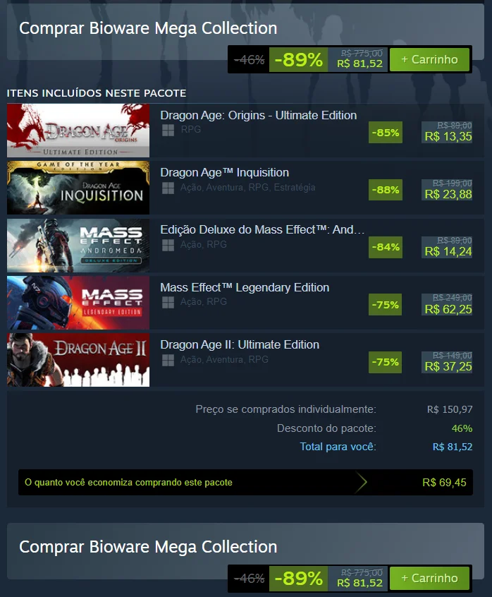 Steam | Títulos inesquecíveis da produtora Bioware está com 89% de desconto!