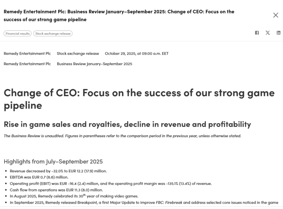 Após desempenho fraco de FBC: Firebreak, Remedy enfrenta crise e troca de liderança