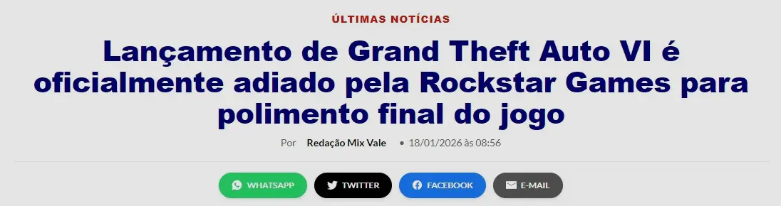 Not&iacute;cia falsa sobre adiamento de GTA 6 ganha grande destaque nos &uacute;ltimos dias!
