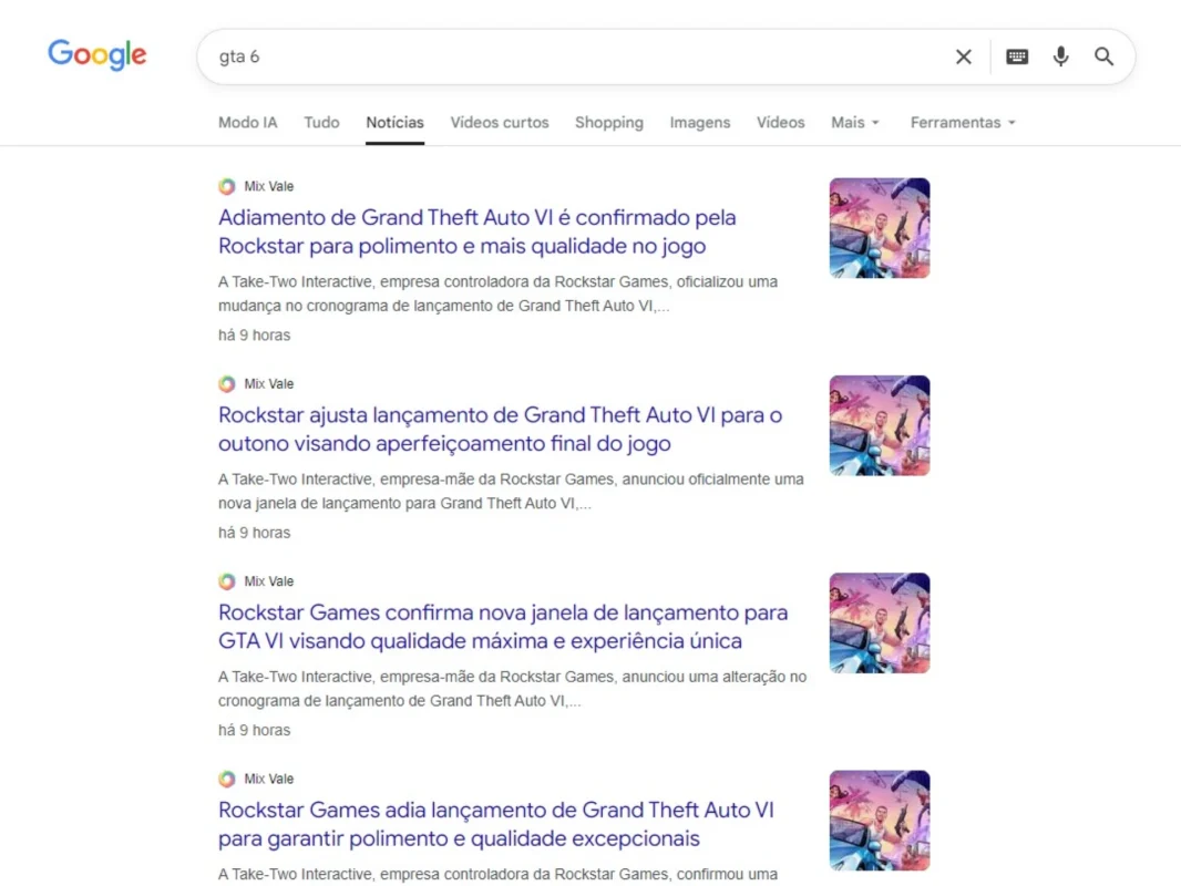 Print mostrando a aba &ldquo;Not&iacute;cias&rdquo; do Google tomada por um &uacute;nico site automatizado por IA, com mat&eacute;rias claramente falsas. N&atilde;o h&aacute; espa&ccedil;o para quem faz jornalismo honesto.