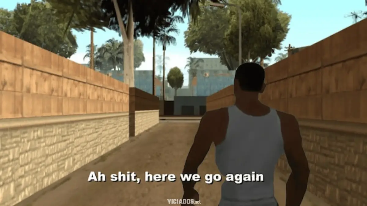 O v&iacute;deo publicado nas redes sociais do governo mostra o protagonista Carl Johnson (CJ) caminhando e soltando sua frase que virou febre na internet: "Ah shit, here we go again" (Ah, merda, l&aacute; vamos n&oacute;s de novo). 