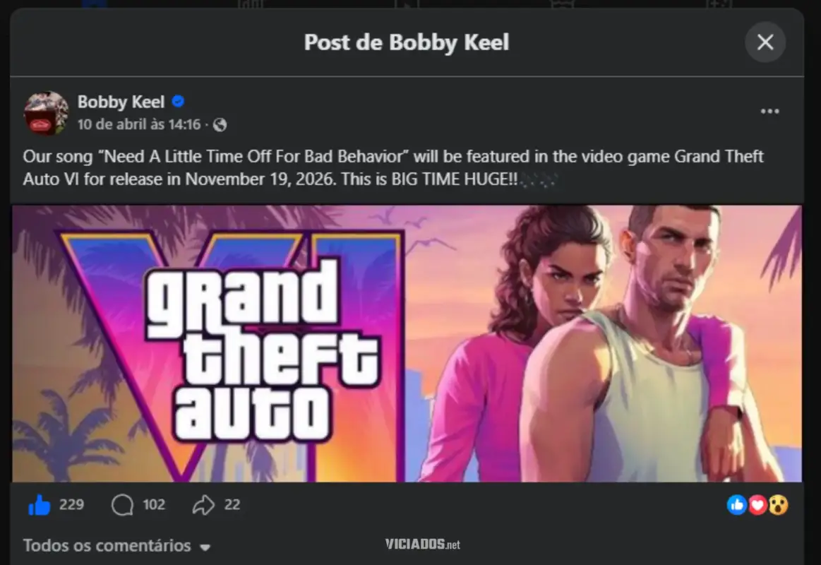 Post de Bobby Keel no Facebook confirmando a sua participa&ccedil;&atilde;o em GTA 6.