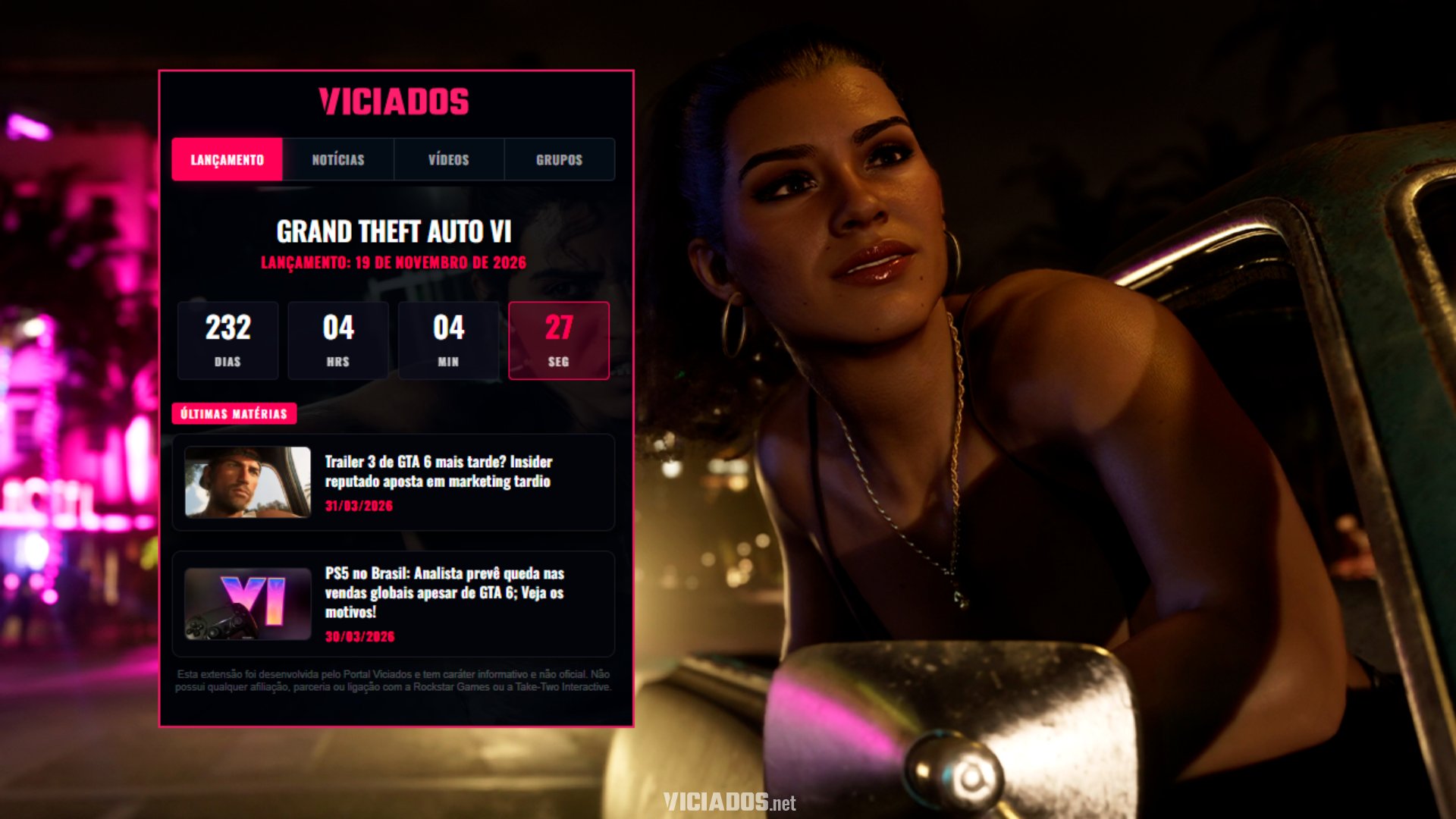 GTA 6 Grand Theft Auto VI Portal Viciados Contador Noticia Extensao Google Chrome Webstore 2026