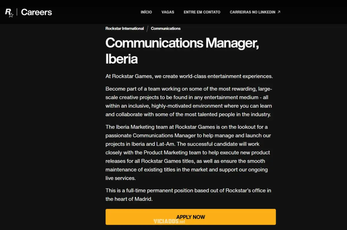 Vaga no site da Rockstar Games para o escritório de Madrid.