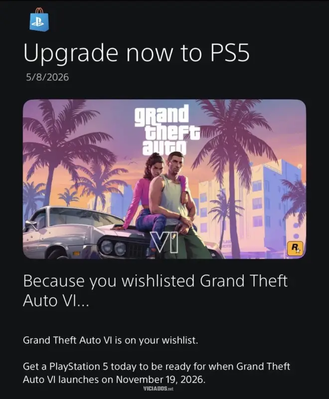 O marketing começou! Sony envia mensagens para jogadores comprarem o PS5 e crava data de GTA 6 19 GTA 6 Aviso PlayStation 2026 1