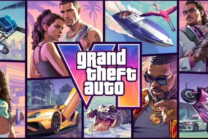 Pôster promocional de Grand Theft Auto com vários personagens em ação e veículos diversos