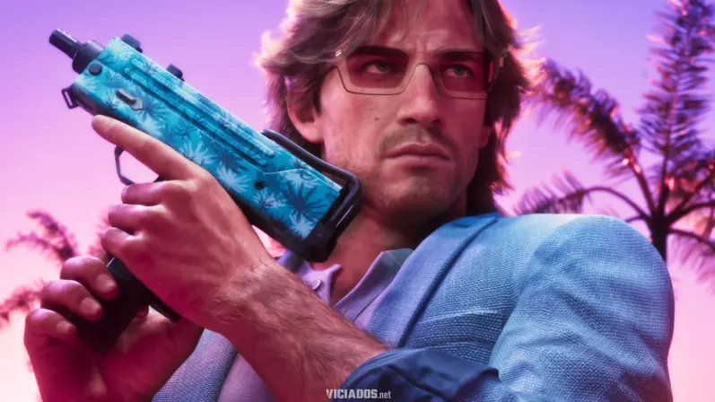 GTA 6: KaBuM! vaza detalhes e confirma "FPS mais estável" e melhorias exclusivas no PS5 Pro 11 Homem com óculos e cabelo comprido segurando uma arma futurista, em um cenário externo sob luz intensa