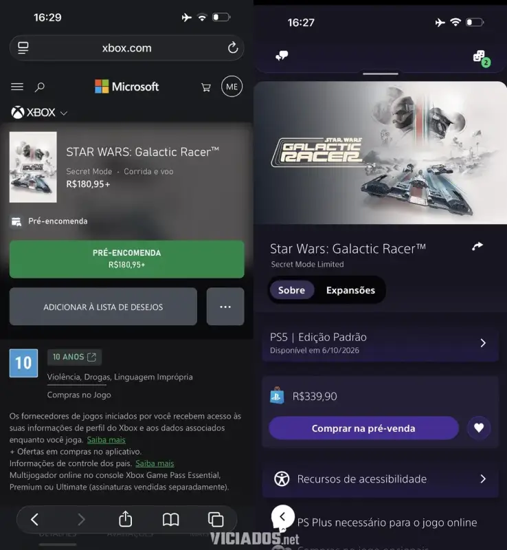 A diferen&ccedil;a irreal de pre&ccedil;os no Star Wars: Galactic Racer 