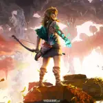 Personagem de fantasia segurando um arco e emanando luz azul, em pé sobre uma rocha com ilhas flutuantes ao fundo