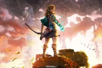 Personagem de fantasia segurando um arco e emanando luz azul, em pé sobre uma rocha com ilhas flutuantes ao fundo