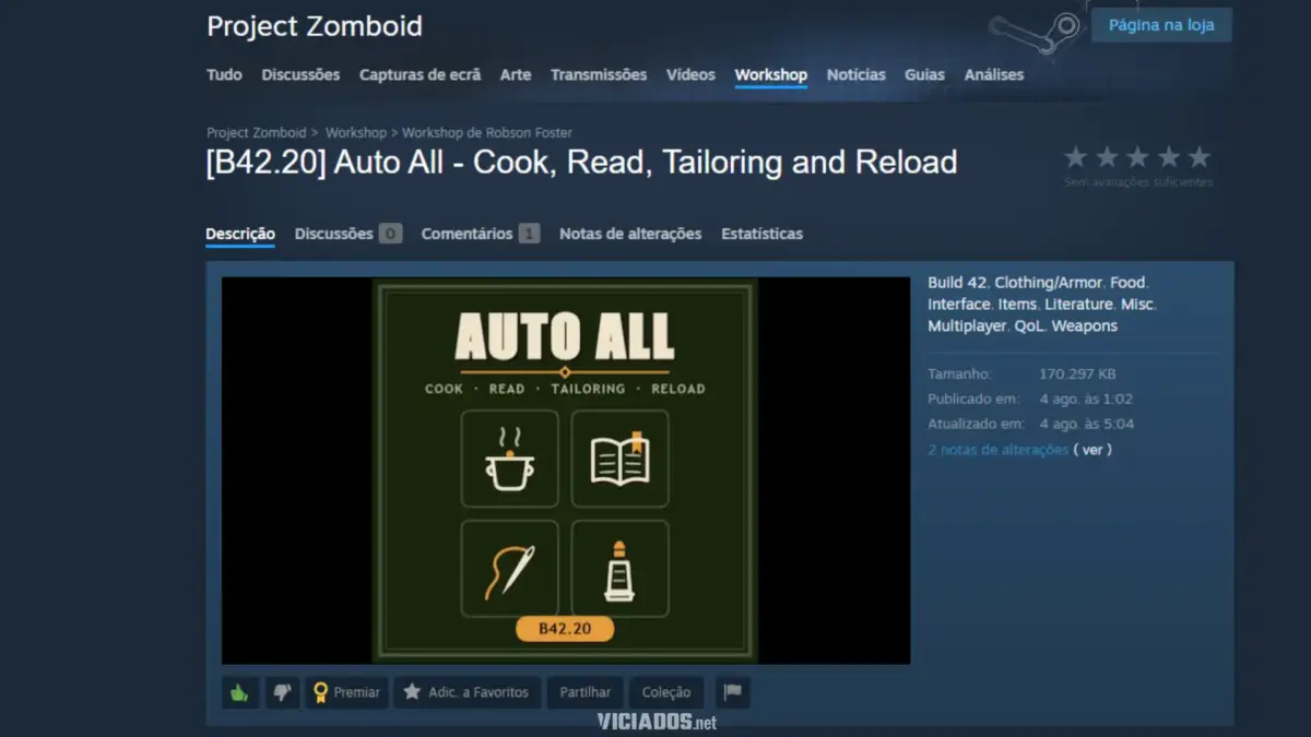 Project Zomboid | Melhores mods para jogar no singleplayer e multiplayer na Build 42.20 13 B42.20 Auto All Cook Read Tailoring and Reload Project Zomboid 2026