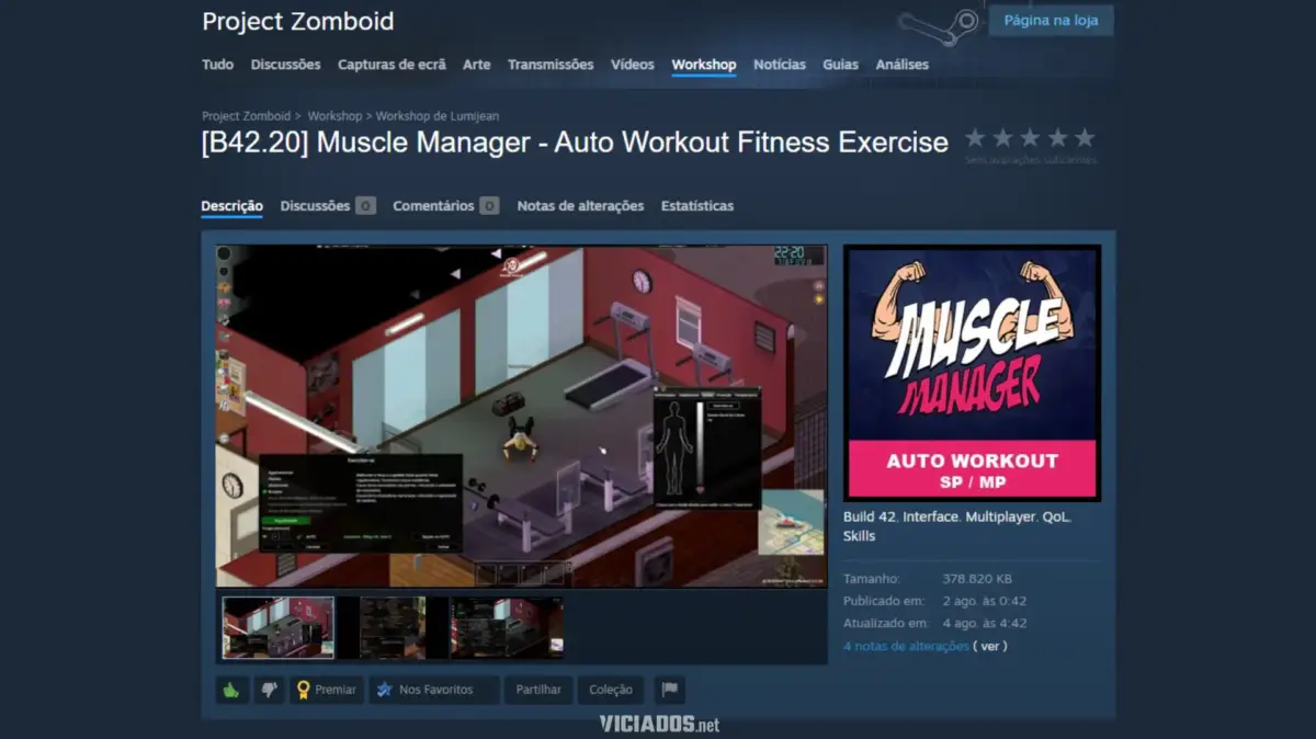 Project Zomboid | Melhores mods para jogar no singleplayer e multiplayer na Build 42.20 14 B42.20 Muscle Manager Auto Workout Fitness Exercise Project Zomboid 2026