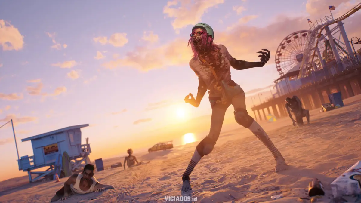 Zumbi numa praia de Los Angeles ao p&ocirc;r do sol em Dead Island 2