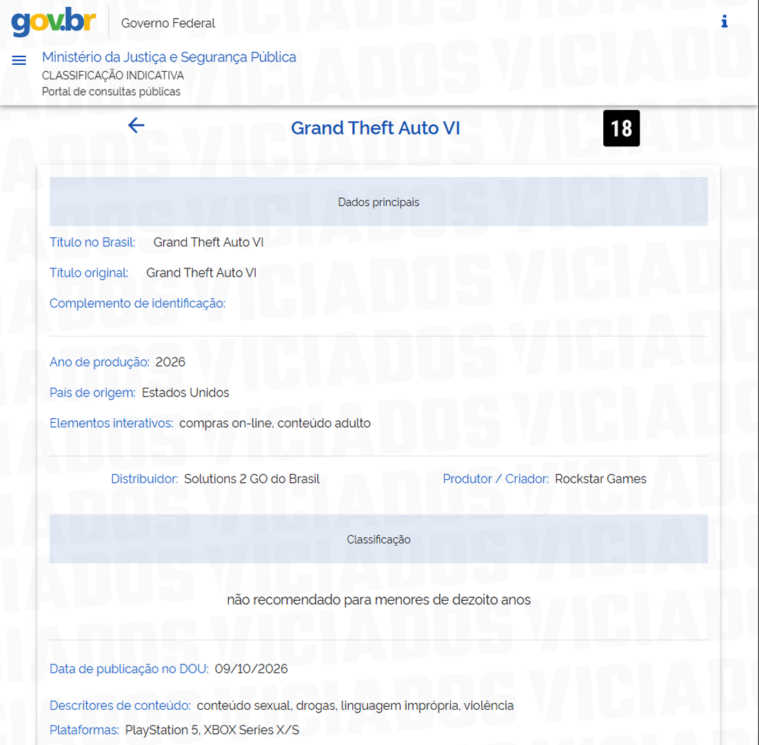 Exclusivo Portal Viciados GTA 6 e classificado oficialmente no Brasil BR 2026