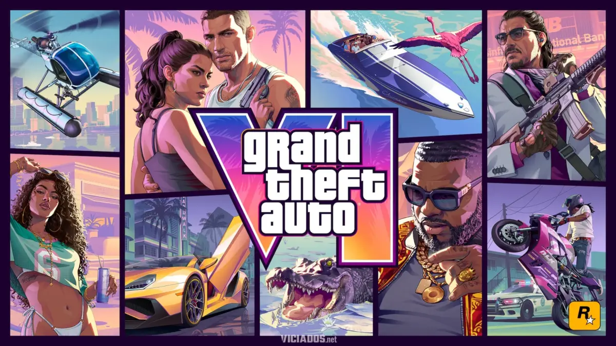 Capa oficial de GTA 6 com Jason, Lucia e outros personagens em mosaico