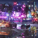 Imagem oficial de GTA 6 com Ocean Drive, em Vice City, à noite