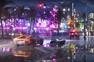 Imagem oficial de GTA 6 com Ocean Drive, em Vice City, à noite