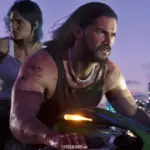 GTA 6: Jason pilota uma moto em Vice City à noite com Lucia armada na garupa