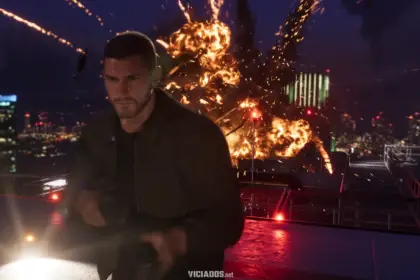 Jason diante de uma explosão no trailer de lançamento de GTA 6