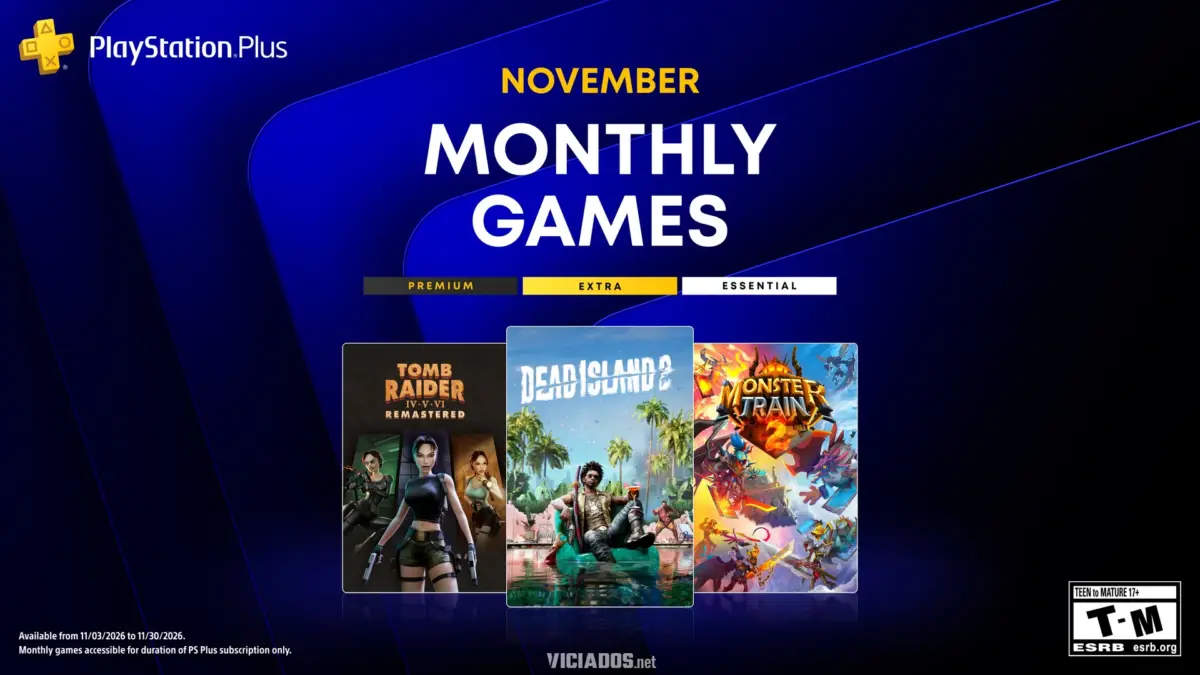 Arte oficial dos jogos mensais da PS Plus de novembro de 2026: Tomb Raider IV-VI Remastered, Dead Island 2 e Monster Train 2