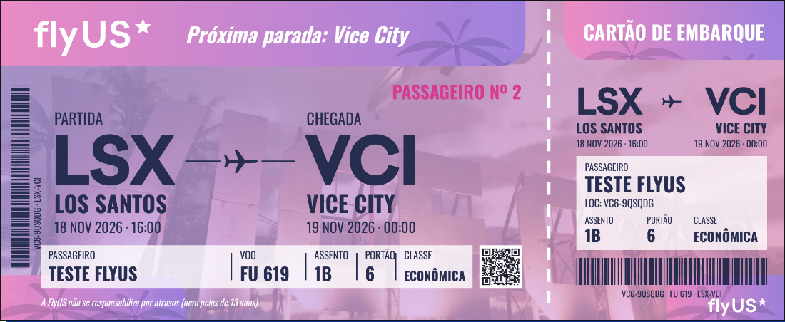 Passagem para GTA 6: Emita grátis seu bilhete de avião para Vice City; Saiba como fazer 15 Bilhete clássico da FlyUS em lilás e rosa, de Los Santos (LSX) para Vice City (VCI), classe Econômica
