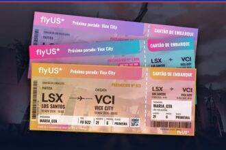 Três bilhetes da FlyUS para Vice City sobre o letreiro de Vice City de GTA 6