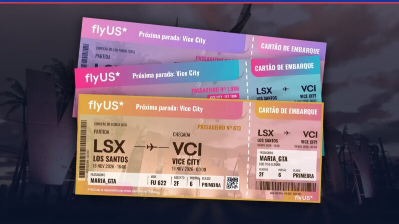 Passagem para GTA 6: Emita grátis seu bilhete de avião para Vice City; Saiba como fazer 11 Três bilhetes da FlyUS para Vice City sobre o letreiro de Vice City de GTA 6