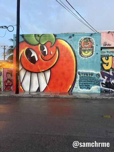 Mural da laranja sorridente do Atomik em Wynwood, com o selo "Vice Dale County, Leonida" de GTA 6