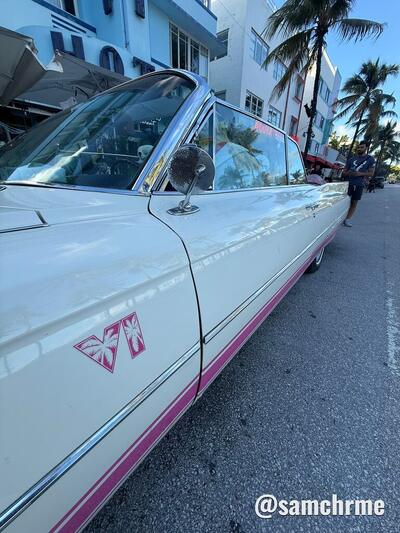 Logotipo VI com palmeira na porta do Cadillac de Scarface em Ocean Drive